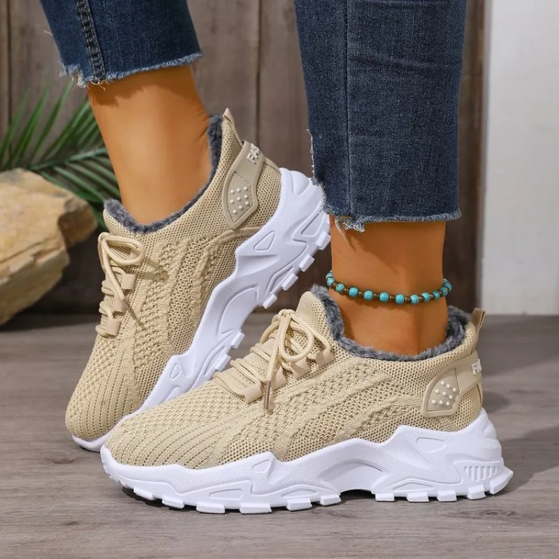 Women Winter Thermal Sneakers  - Knit Fabric Lace Up Sneakers ulasan dan harga