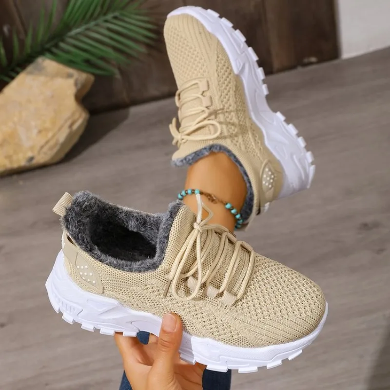 Women Winter Thermal Sneakers  - Knit Fabric Lace Up Sneakers ulasan dan harga