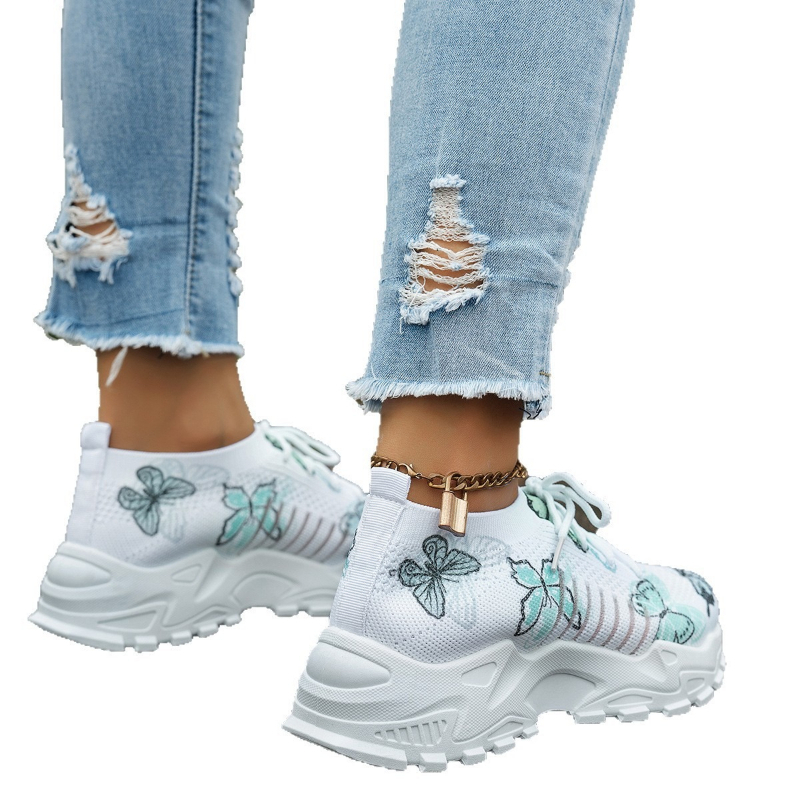 Women Butterfly Print Mesh Sne - Knit Fabric Lace Up Sneakers ulasan dan harga